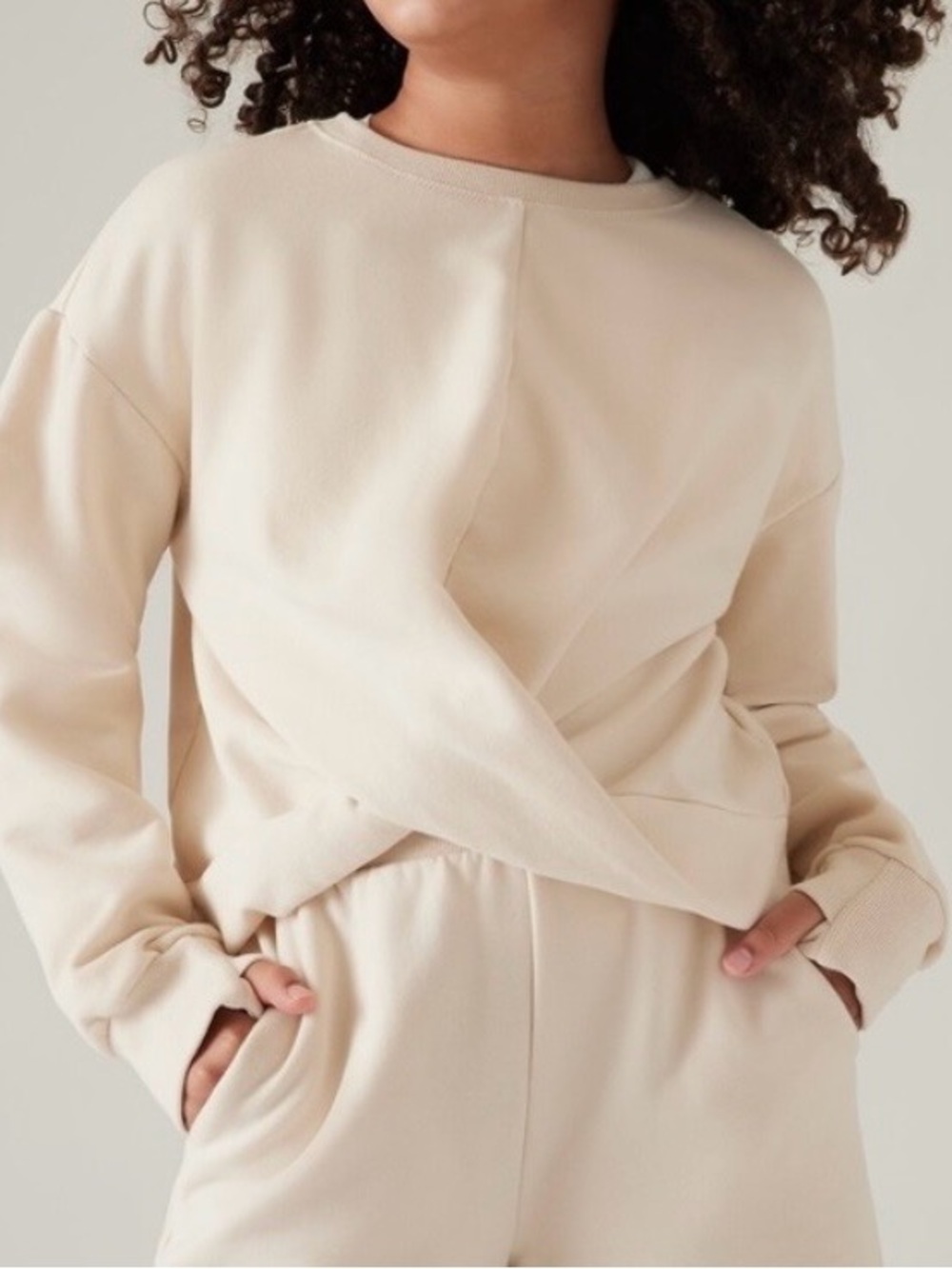 Athleta Girl Retroplush Twist front Sweatshirt Cream Crewneck Girls M (8-10)